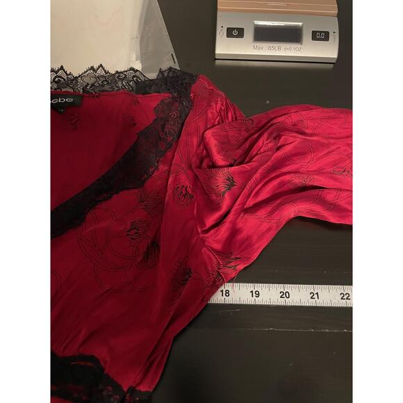 Bebe Womens Large Red Black Silk Lace Wrap Top Floral Print Bow Romantic Y2K - Picture 6 of 8